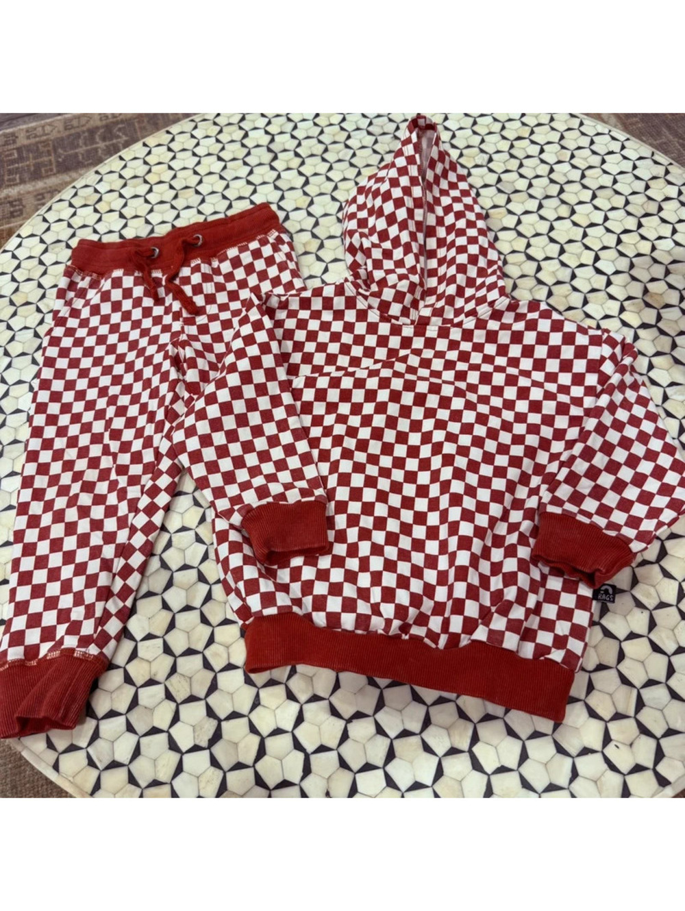 Rags to raches red checkered jogger sweat suit